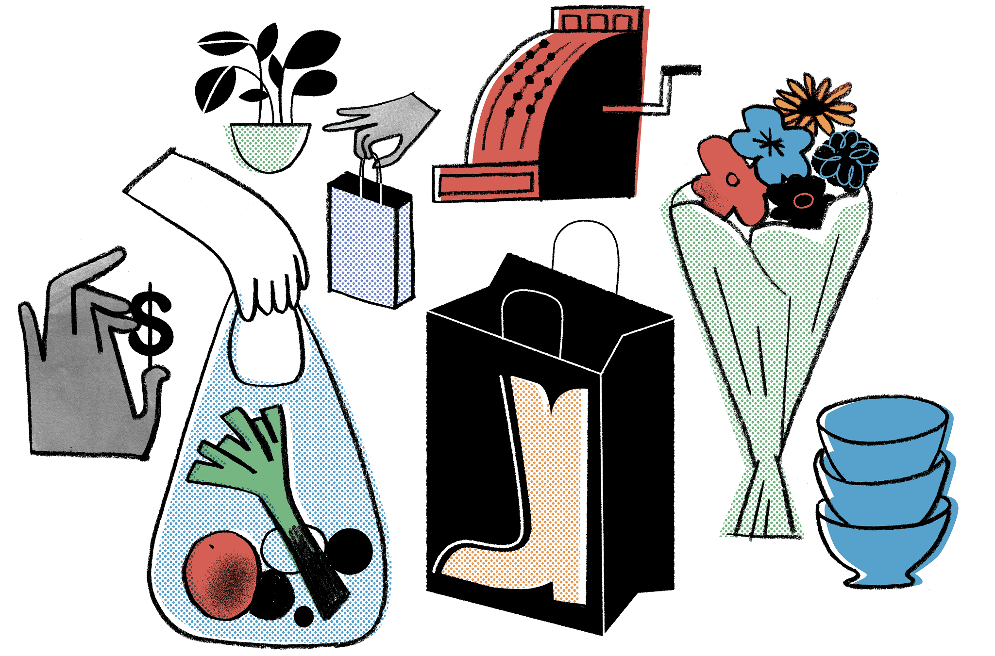 Shopping illustrations with retail items